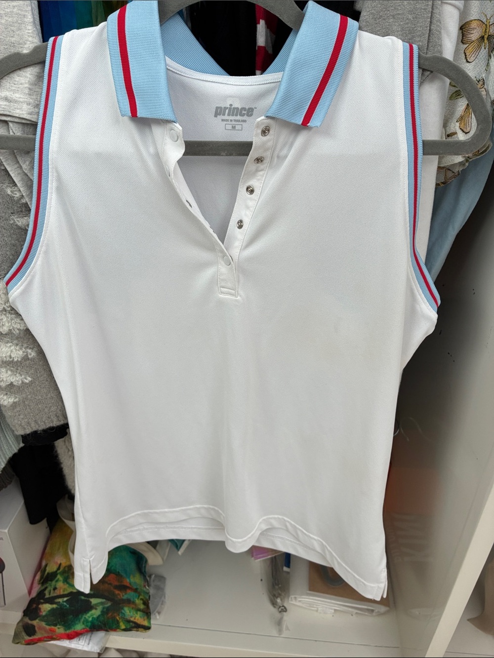 Prince White Sleeveless Polo with Sky Blue and Red Trim Sz Medium